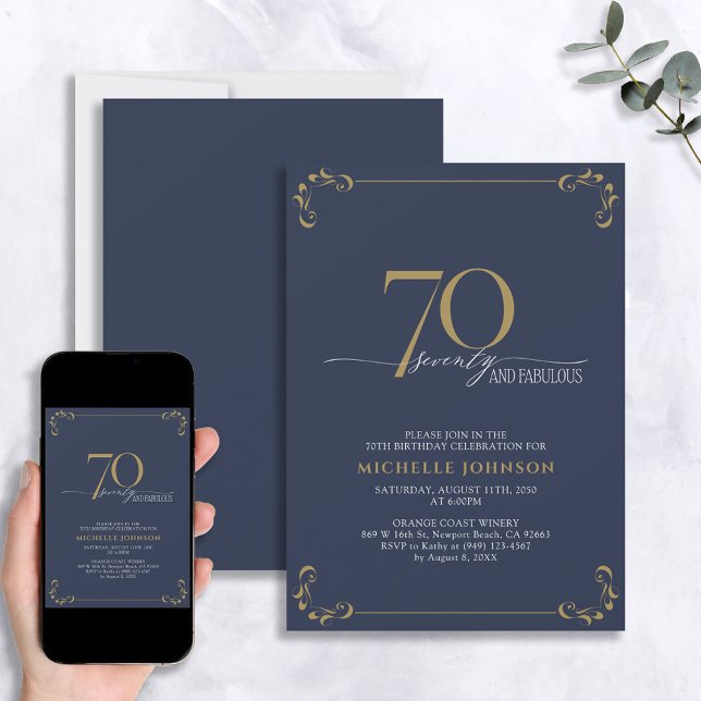 70 & Fabulous Blue & Guld Calligraphy Birthday Inbjudningar (Skapare uppladdad)