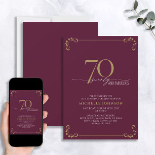 70 & Fabulous Burgundy White & Guld Birthday Inbjudningar