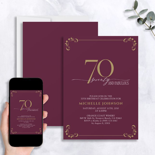 70 & Fabulous Burgundy White & Guld Birthday Inbjudningar (Skapare uppladdad)