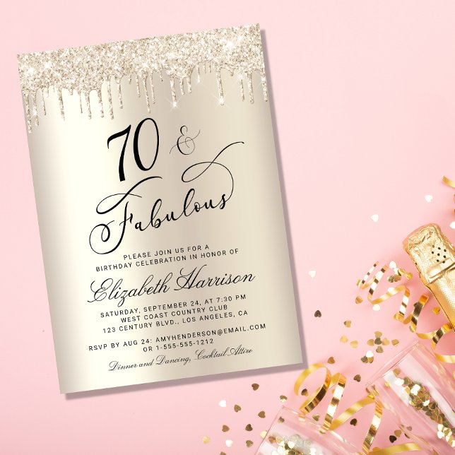 70 Fabulous Guld Glitter 70:e Födelsedagsfesten Inbjudningar (Celebrate her 70 years of sparkle with an elegant gold glitter birthday party invitation  🎉 🎂 🥂)