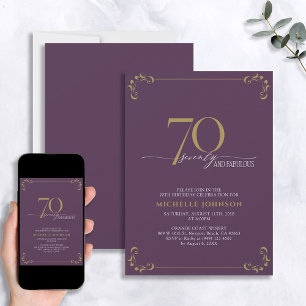 70 & Fabulous Lila & Guld Calligraphy Birthday Inbjudningar