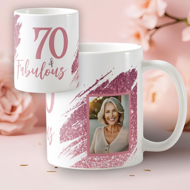 70 & Fabulous Pink Glitter 2 Photo 70th Birthday Kaffemugg (Skapare uppladdad)