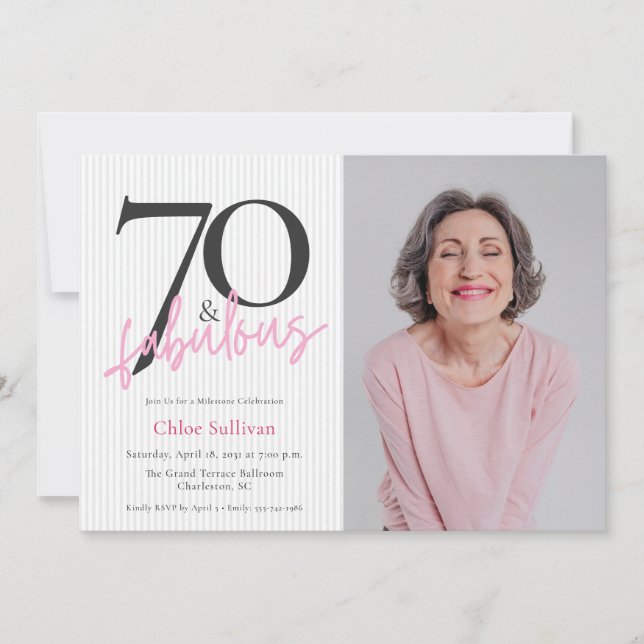 70 & Fantastisk Foto Rosa Skript Födelsedagsfest Inbjudningar (Framsida)