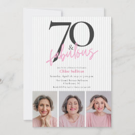 70 & Fantastisk Rosa Skript 3 Foto Födelsedagsfest Inbjudningar