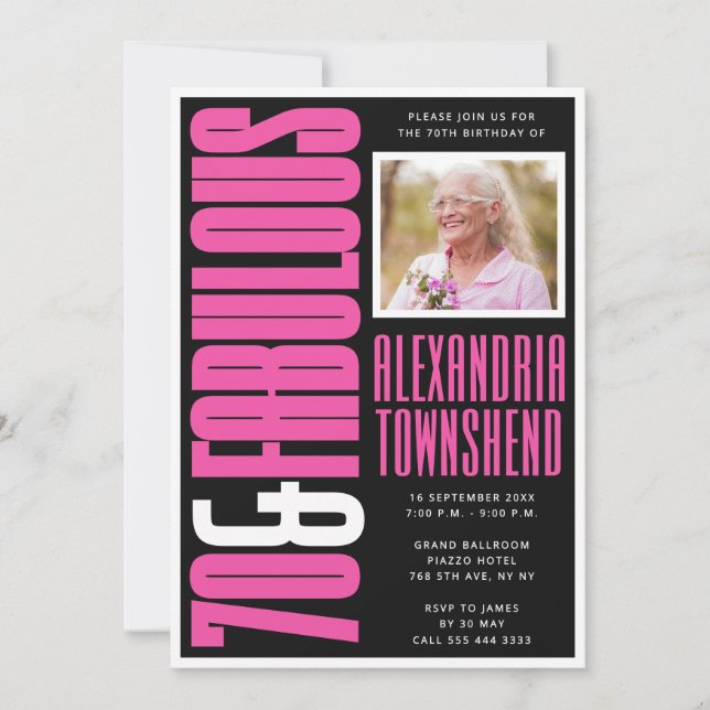 70 & Fantastisk Rosa Svart 70-årsfirande Inbjudningar (Framsida)