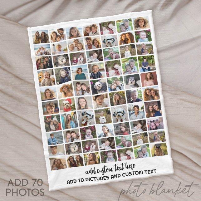 70 Fotokollage Grid - Anpassad text - Vit Fleecefilt (Custom Fleece Blanket with Photo Collage)