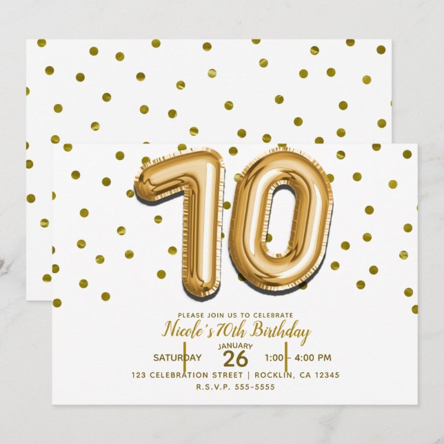 70 Guldbalonger & Konfetti 70-årsfest Inbjudningar (Fram/baksida)