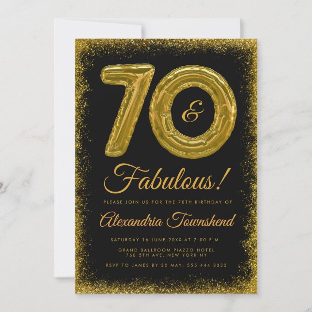 70 & Lysande Guldbalonger 70-års Födelsedag Inbjudningar (Framsida)