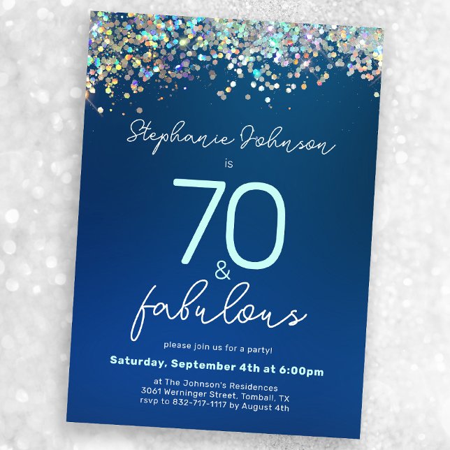 70 och Fabulous Blue Glitter 70:e Födelsedagsfeste Inbjudningar (Mock-up view)