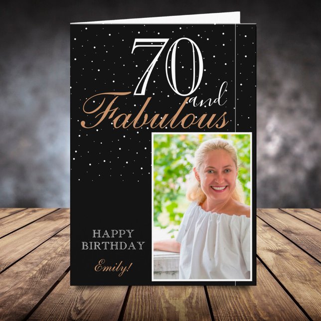 70 och Fabulous Elegant Black 70 Birthday Photo Kort (Skapare uppladdad)