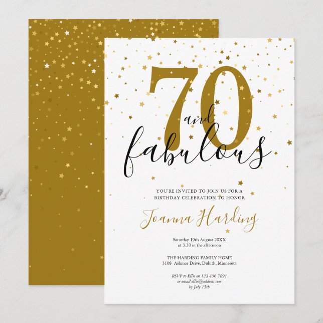 70 och Fabulous Elegant Guld och Black Birthday Inbjudningar (Fram/baksida)