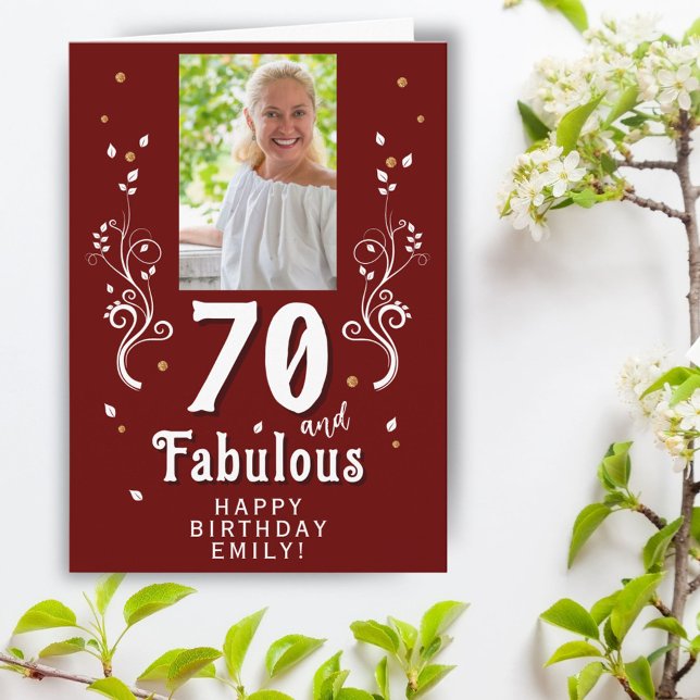 70 och Fabulous Foliage Red 70 Birthday Photo Kort (Skapare uppladdad)