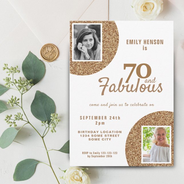 70 och Fabulous Guld Glitter 2 Foto 70:e födelseda Inbjudningar (Skapare uppladdad)