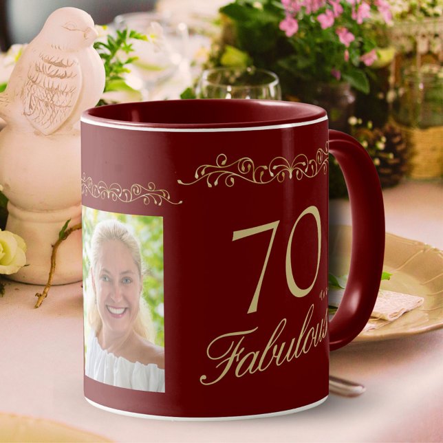 70 och Fabulous Red Ornament 70 Birthday Photo Mugg (Skapare uppladdad)