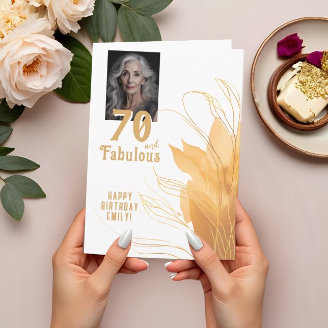 70 och fantastisk guldblad 70-års födelsedagsfoto kort (Skapare uppladdad)