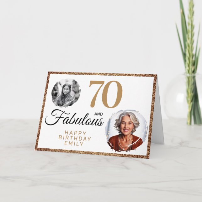 70 och fantastisk guldglitter 2 foto 70-årsdag kort (Framsida)
