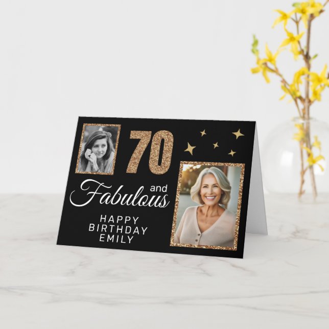 70 och fantastisk guldglitter 2 foto 70-årsdag kort (Gul blomma)