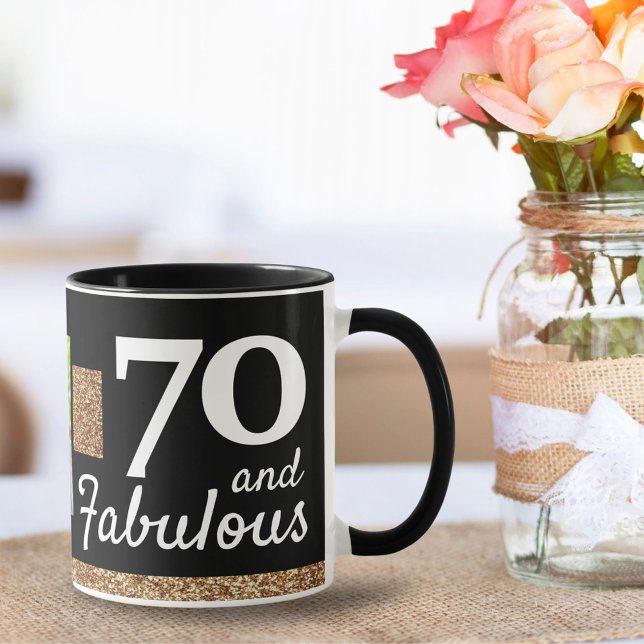 70 och fantastisk guldglitter 2 foto 70-årsfirande mugg (Skapare uppladdad)