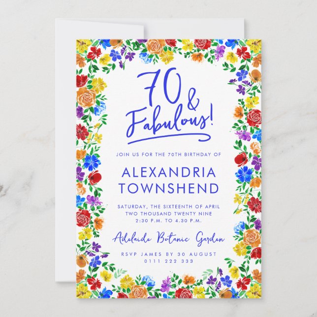70 och fantastisk regnbågsblomma 70-årsfirande inbjudningar (Framsida)