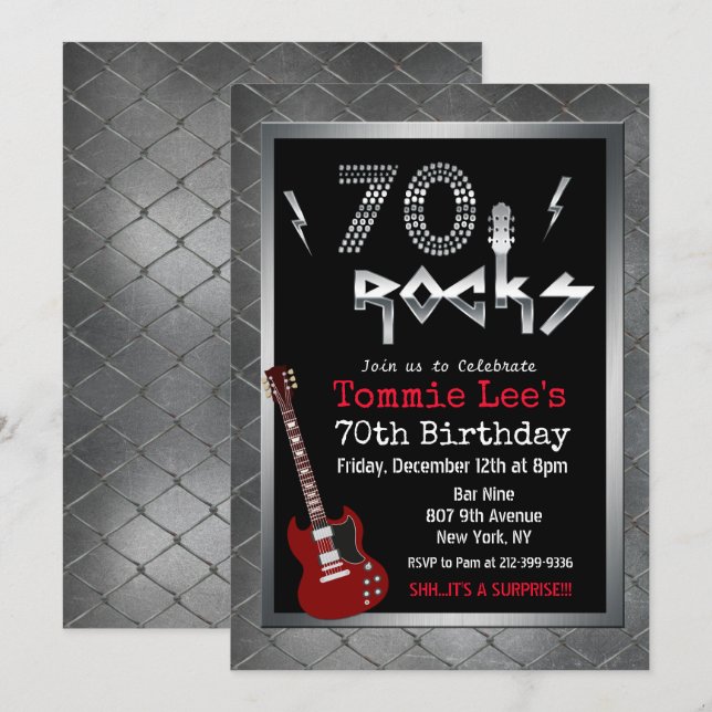 70 Rocks Rockstar Gitarr 70-års födelsedagsinbjuda Inbjudningar (Fram/baksida)