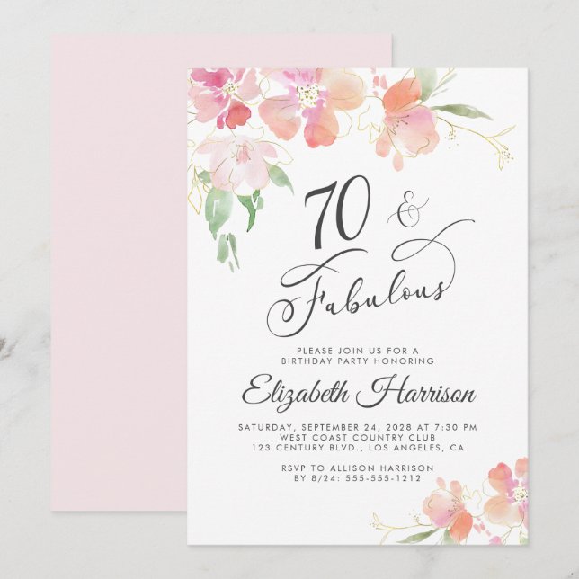 70 Rosa Blommigt Vattenfärgad Födelsedagsfest Inbjudningar (Fram/baksida)