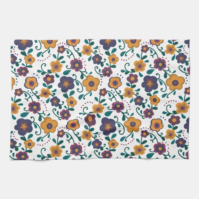 70:s Folk Art Ditzy Retro-Daisy i judiska toner Kökshandduk (Horisontell)