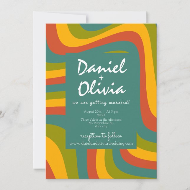 70:s Groovy med inbjudan till Photo/QR-bröllop (Framsida)