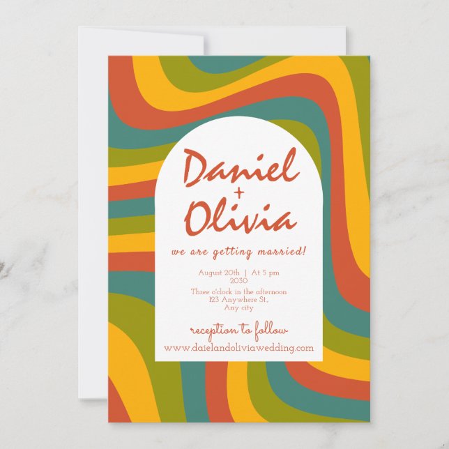 70:s Groovy med inbjudan till QR-bröllop (Framsida)