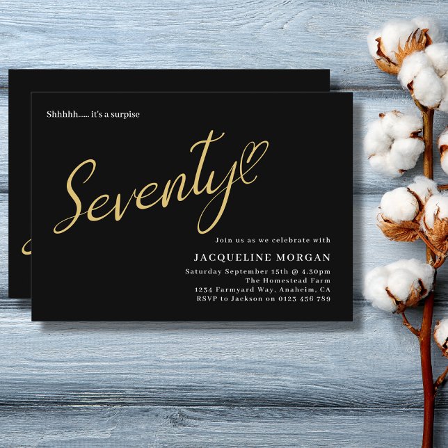 70 Svarta Guld 70:e födelsedagen Inbjudningar (70th birthday black and gold surprise birthday party invitation)