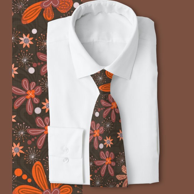 70-talets Garden-brun orange Slips (70s inspired floral tie)