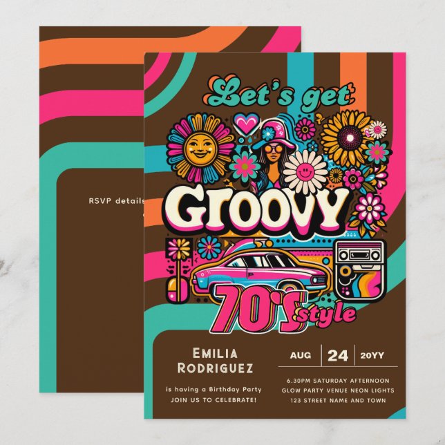 70-talets Groovy Boogie Retro Disco-Födelsedagsfes Inbjudningar (Fram/baksida)