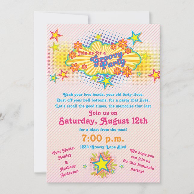 70-talets inbjudan till Groovy Flower Power Party (Framsida)