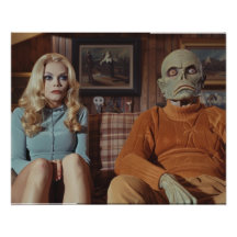 70-talets monster och kvinna på soffan