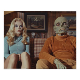 70-talets monster och kvinna på soffan fototryck