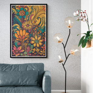 70-talets Psychedelic Flowers AI Art.   Färgfull r Poster