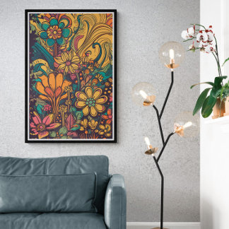 70-talets Psychedelic Flowers AI Art. | Färgfull r Poster