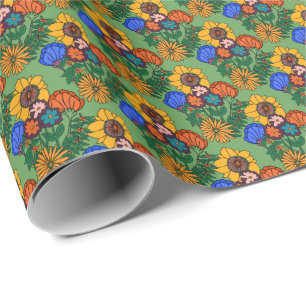 70-talets Retro Blommigt Grönt Dekorativ kudde Presentpapper
