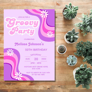 70-talets Retro Groovy Party Daisy Lila Birthday Inbjudningar