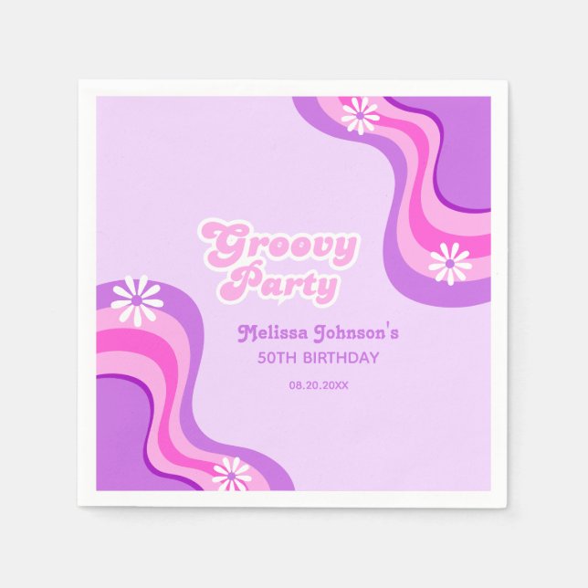 70-talets Retro Groovy Party Daisy Lila Birthday Pappersservett (Framsidan)