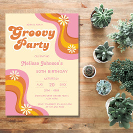 70-talets Retro Groovy Party Daisy Peach Birthday Inbjudningar