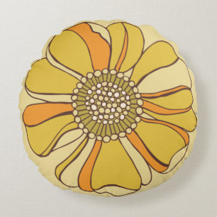 70-talets Retro-Orange och Guld-blomma Rund Kudde