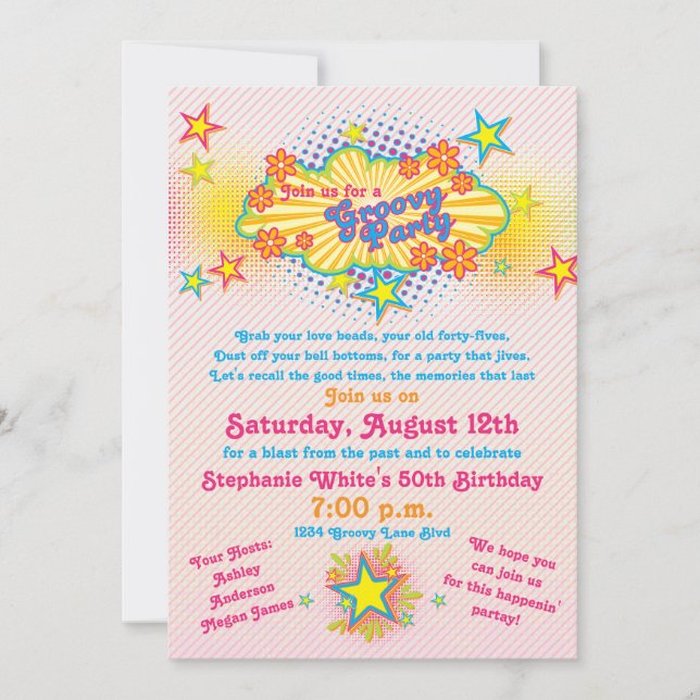 70-talets tema Groovy Flower Power, 50:e Födelseda Inbjudningar (Framsida)