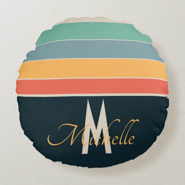 70-talets Vintage Rand mönster anpassningsbar Rund Kudde (Framsidan)