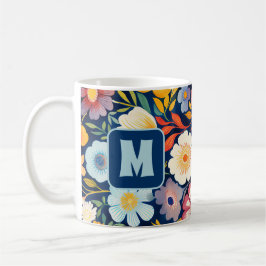70-tals 60-tals Retro Blommig Monogram Blå och Ora Kaffemugg
