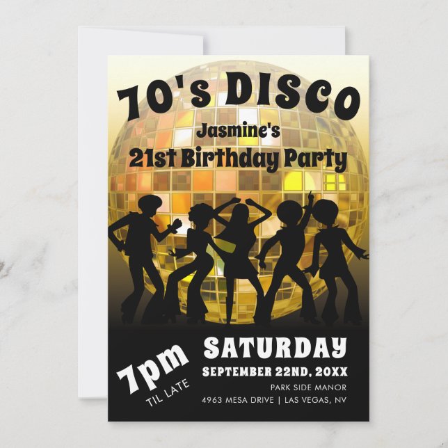 70-tals Disco Födelsedag | Guld Glitterboll Inbjudningar (Framsida)