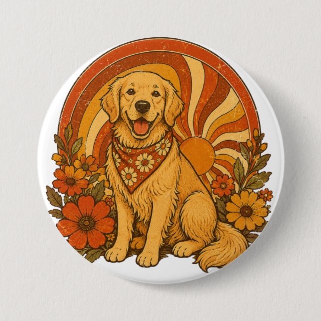 70-tals Groovy Golden Retriever Knapp (Framsida)