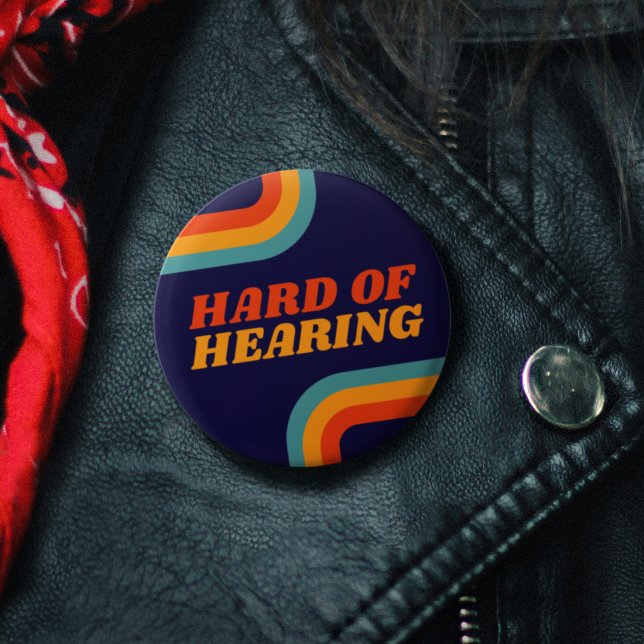70-tals Retro Blå Orange Linjer Hörselnedsättning Knapp ( 70s Blue Orange Retro Lines Hard of Hearing Button)