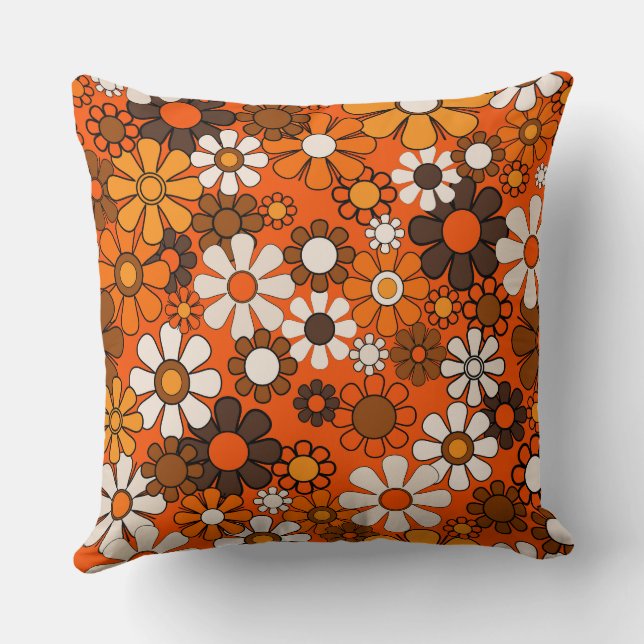 70-tals Retro Blommig Brun Orange Boho Dekor Kudde (Baksida)