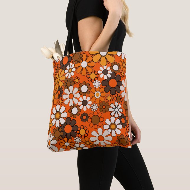 70-tals Retro Blommig Brun Orange Boho Tygkasse (Närbild)