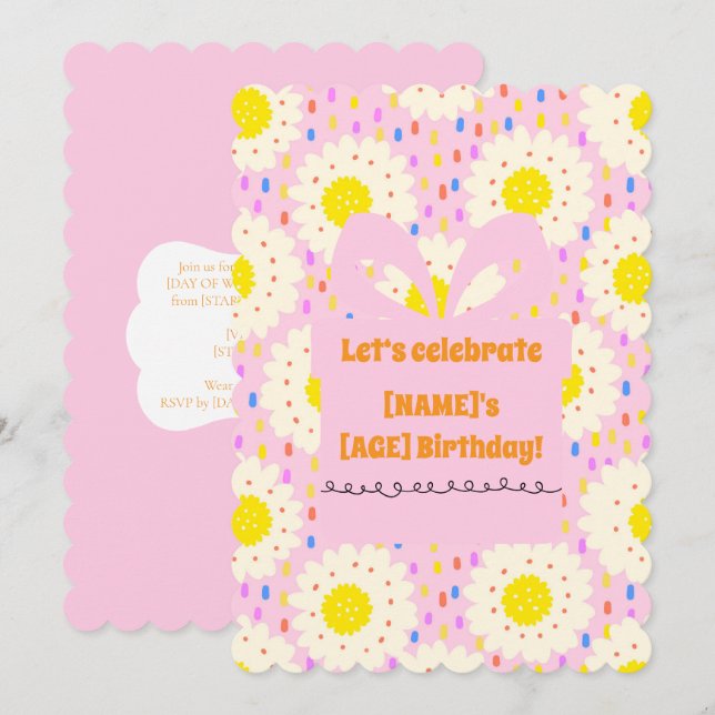 70-tals Retro Groovy Rosa Tusenskönor Blommönster Inbjudningar (Fram/baksida)